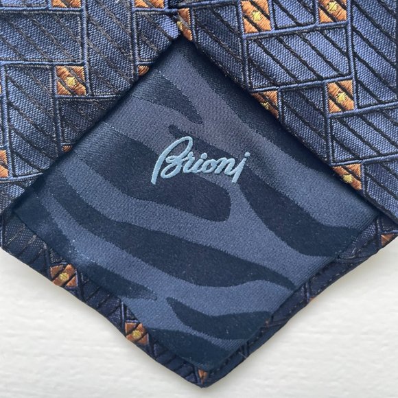 BRIONI Italian Silk Tie Navy Peach Geometric